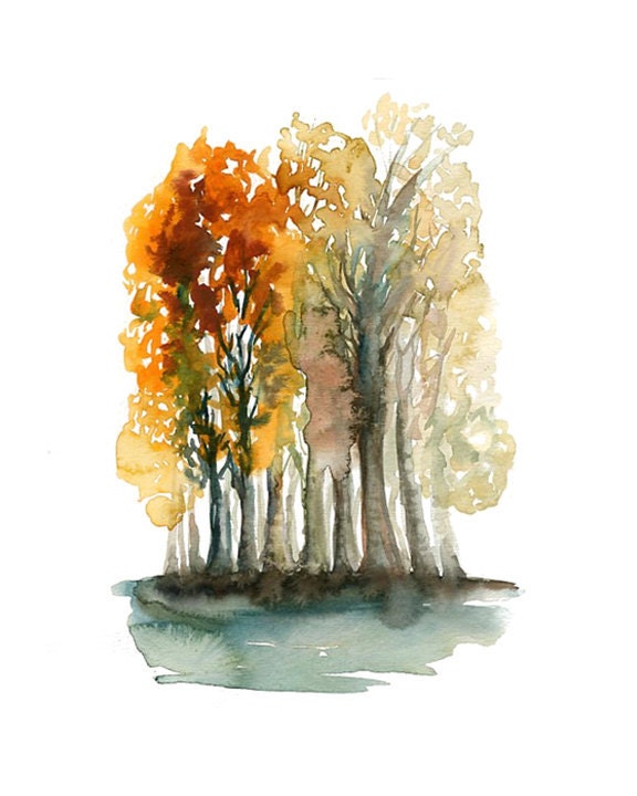 Autumn Forest -Landscape painting-Watercolor-Orange autumnal forest-Archival Large Print from my original watercolor painting 11x14 inch