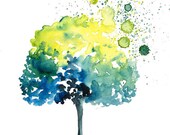 Happy Tree-Landscape painting-Watercolor-Orange autumnal tree-Archival Large Print from my original watercolor painting 11x14 inch