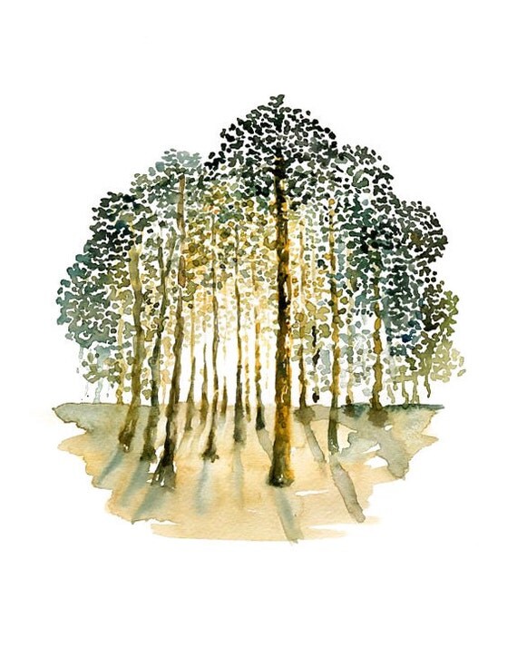 Forest Print-Landscape painting-Watercolor-Orange autumnal forest-Archival Print from my original watercolor painting 8x10 inch