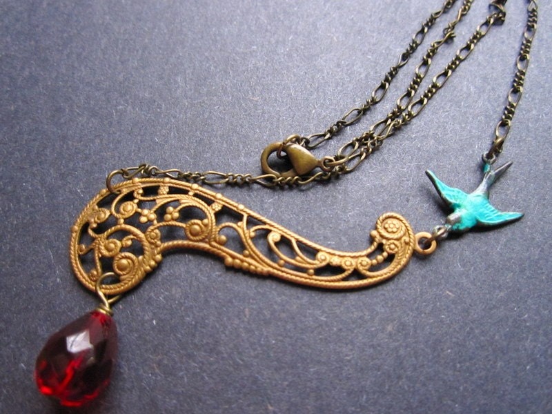 Paisley Necklace Antiqued Brass Bridal Henna Blue Bird by MinouBazaar