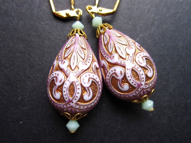 Mughal Indian Palace Earrings Vintage Lucite Gold Plated Filigree by MinouBazaar