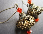 Moroccan Lantern Earrings Travel Antique Brass Filigree Orange Blue by MinouBazaar