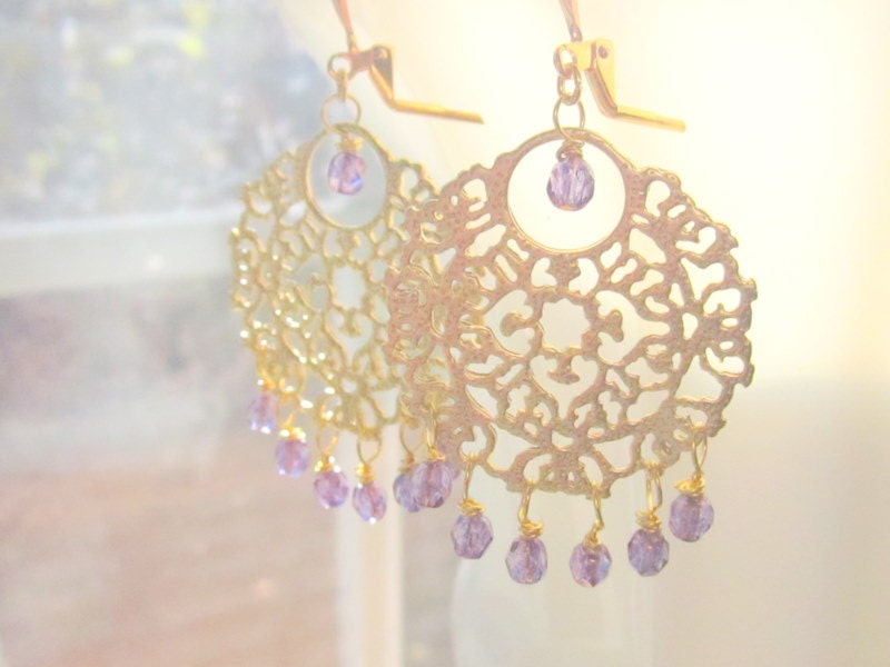 Gold Chandelier Bollywood Bridal Earrings Lilac Purple Spring Jewelry Gold Filigree by MinouBazaar
