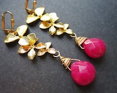 Gold Orchid Earrings Pink Floral by MinouBazaar