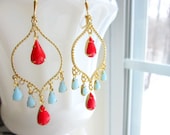 Bollywood Gold Chandelier Earrings Turquoise Red by MinouBazaar