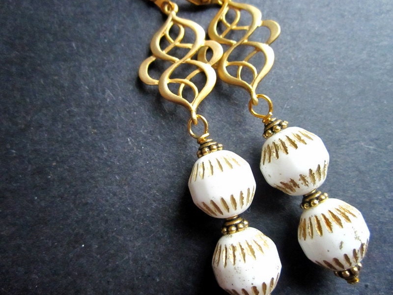 Gold White Earrings Arabesque by MinouBazaar
