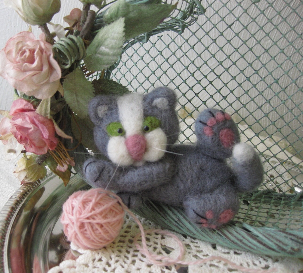 Needle Felted Lounging Gray Cartoon Kitty Cat with mini ball of yarn