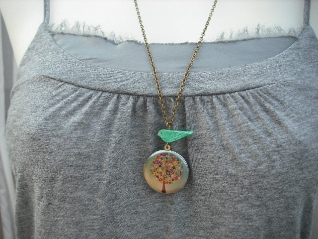 flower tree locket with turquoise bird necklace