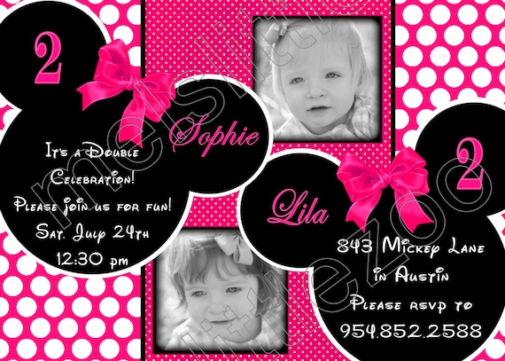 Hot Pink Twin Minnie Mouse Digital Birthday Photo Invitations