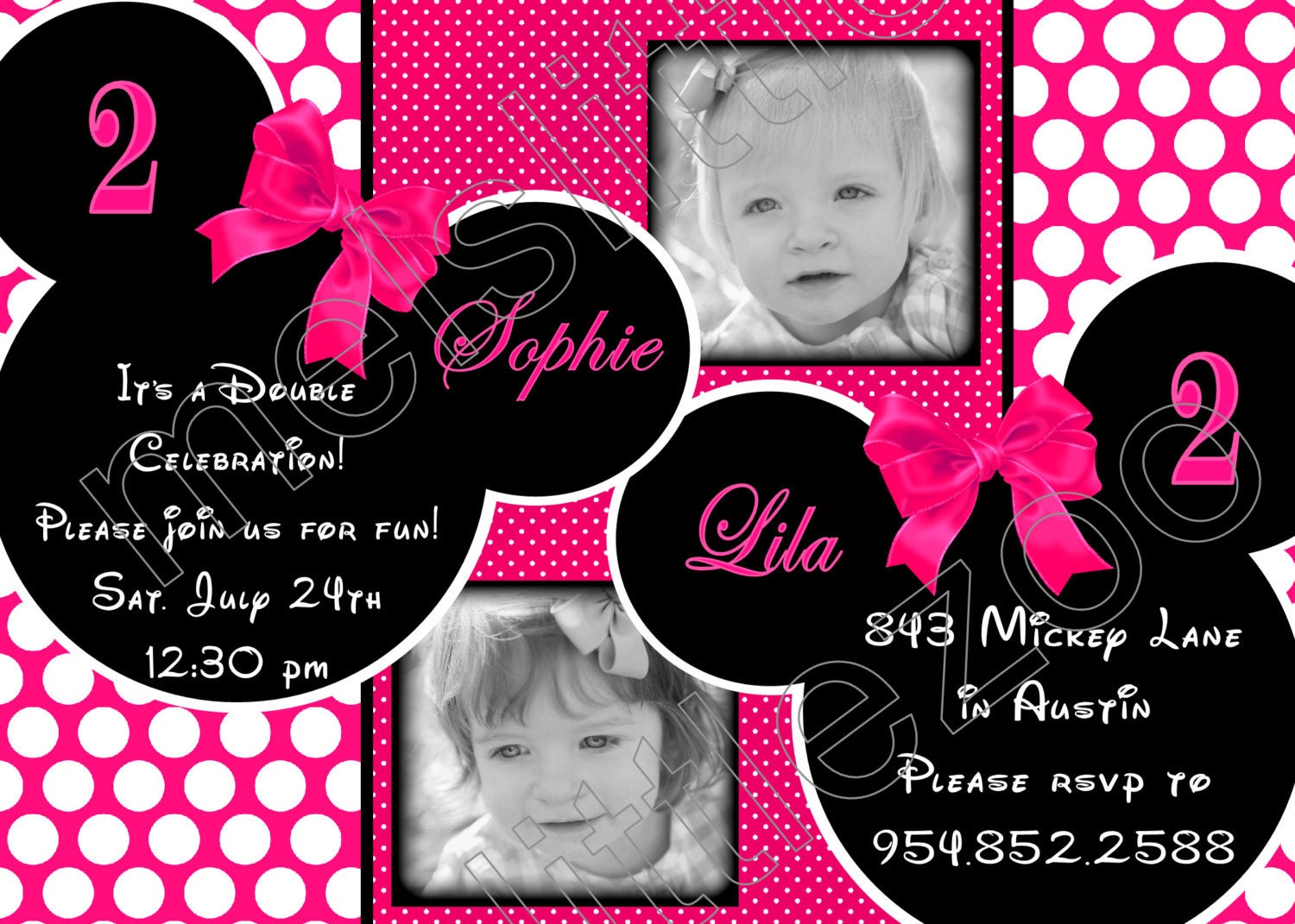 Hot Pink Twin Minnie Mouse Digital Birthday Photo Invitations