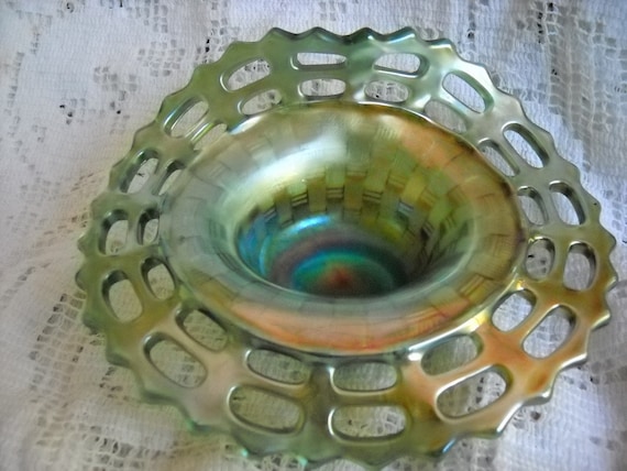 AntiqueTwo Row Open Edge Fenton Carnival Teal Basket Hat, Jack-in-the-Pulpit , Rare, Time Raveler