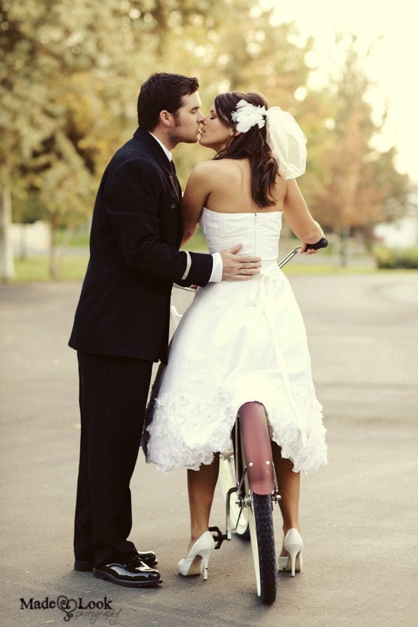 Tea Length A Line Retro Inspired Wedding Gown with Flower Detail
