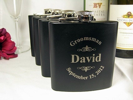 4 Personalized Flasks Groomsman Best Man Father of the Bride Engraved Wedding Gift Keepsake Favor Black Logo