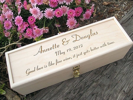 Engraved Wine Box with Padlock Personalized Wood Wedding or Anniversary Hand Crafted Keepsake Gift Groom Bride Love Letters