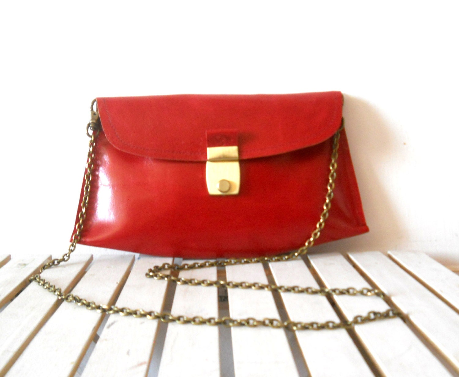Leather clutch with vintage buckle -hot red