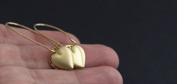 Vintage Tiny Brass Heart Locket  Earrings