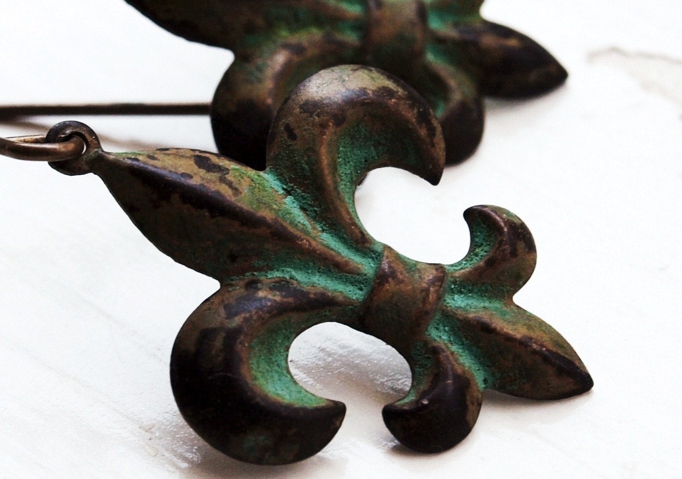 Fleur De Lis Earrings in Verdigris Patina Brass