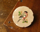 bullfinch on a hawthorn wooden hand shaped brooch