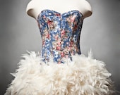 Custom size Floral and Jean Burlesque Feather Corset Dress available in sizes small-X large