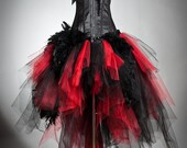 Custom size Red and Black Feather and tulle Burlesque Corset Prom Dress with red satin bow small-XL