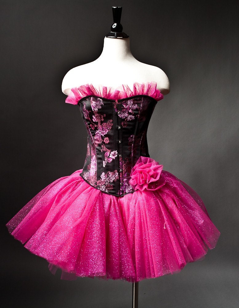Size Small black and hot pink sparkle tulle prom dress Ready To Ship