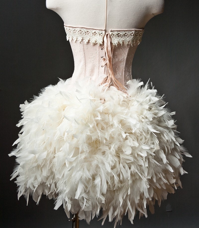 Custom Size Peach and Ivory Burlesque Feather Corset Dress
