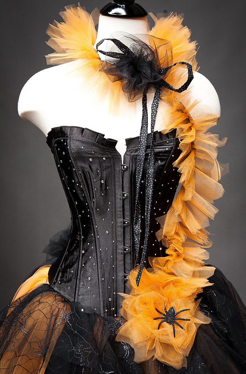 Private listing for heathergarvey Custom Size Orange and Black Feather Burlesque Corset Witch costume with Hat