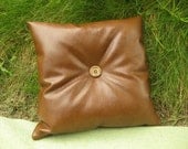 14 in Faux Leather Throw Pillow with Center Wooden Button