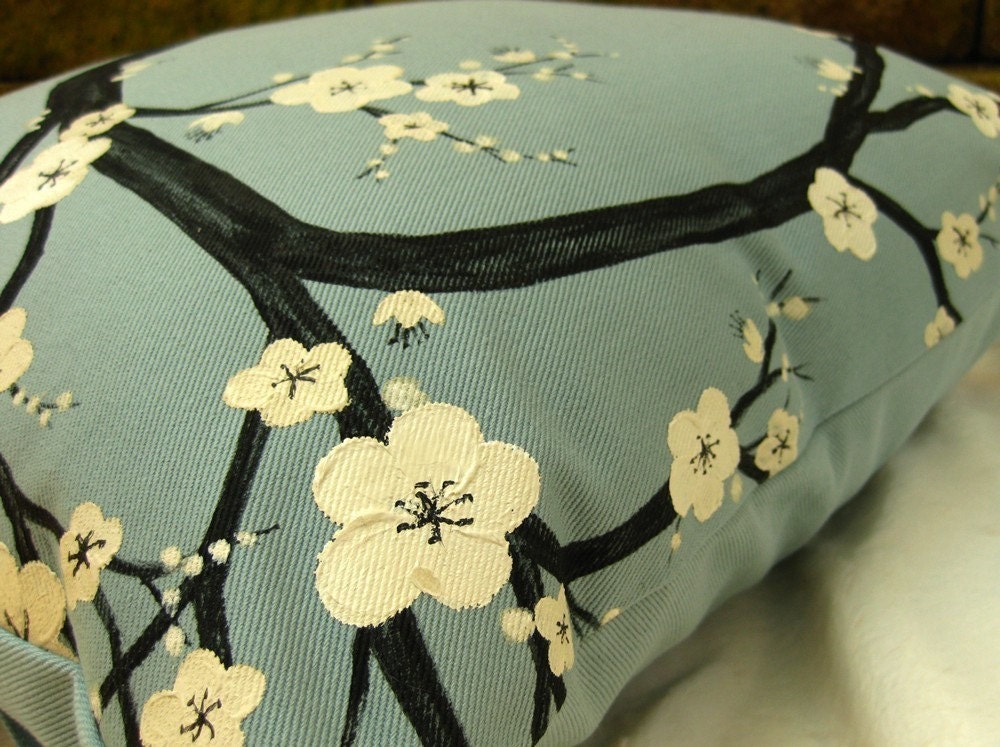 18in Organic Cotton Pillow Cover with Hand Painted Cherry Blossoms in Blue and White