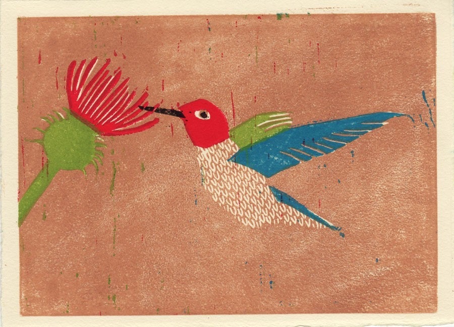ANNA'S HUMMINGBIRD linocut illustration wall decor art print