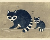 RACCOONS artwork illustration handpulled linocut block print wall room decor blue mother and baby
