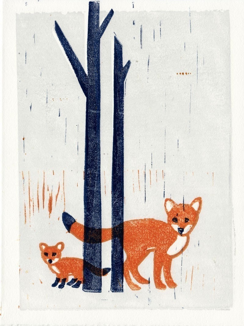 FOXES linocut hand-pulled art illustration block print 5 x 7 woodland, forest theme, nursery decor, wall art