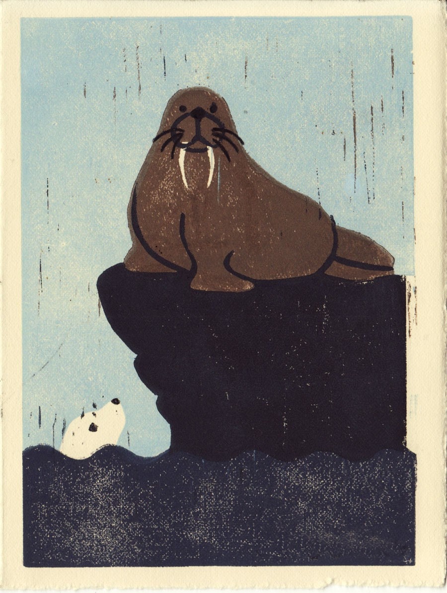 WALRUS and SEAL hand-pulled linocut art wood block print