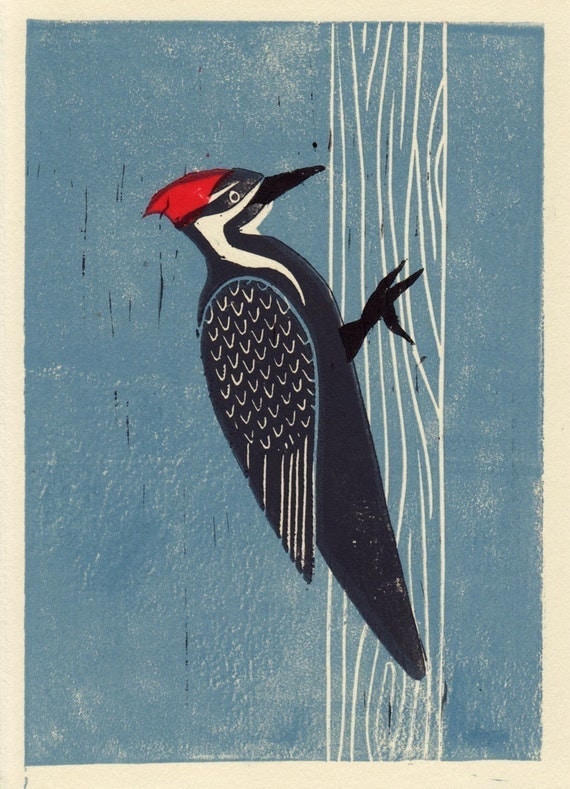 Pileated Woodpecker handpulled linocut art print