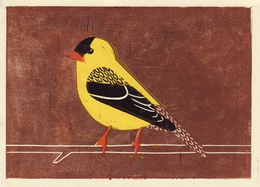 Finch: AMERICAN GOLDFINCH hand-pulled linocut wood block art oil paint print, yellow, brown, black, 7 x 5 branch, orange