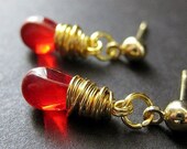 Blood Red Earrings. Gold Wire Wrapped Earrings - Teardrop Post Earring Backs. Handmade Artisan Jewelry by Gilliauna