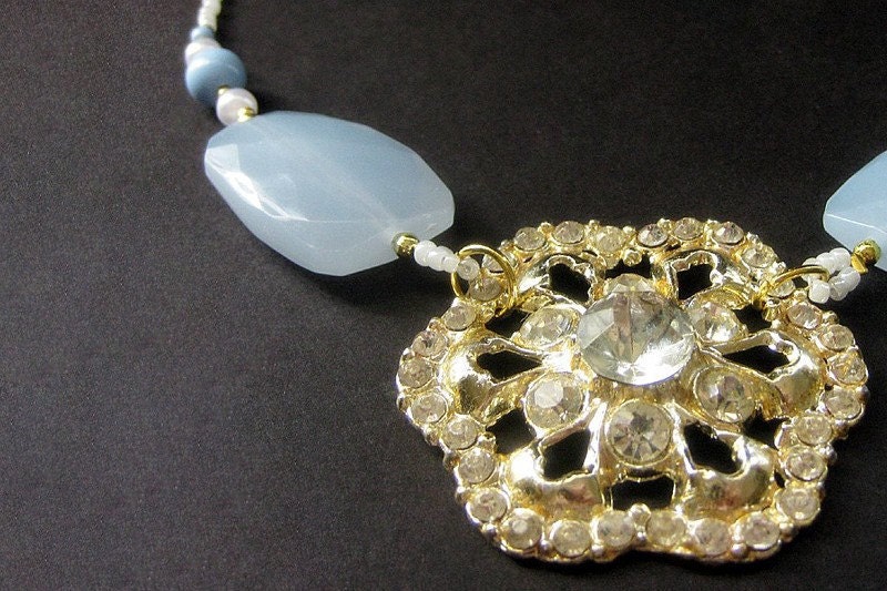 Beaded Necklace, Vintage Brooch, Ice Blue. Handmade Necklace.