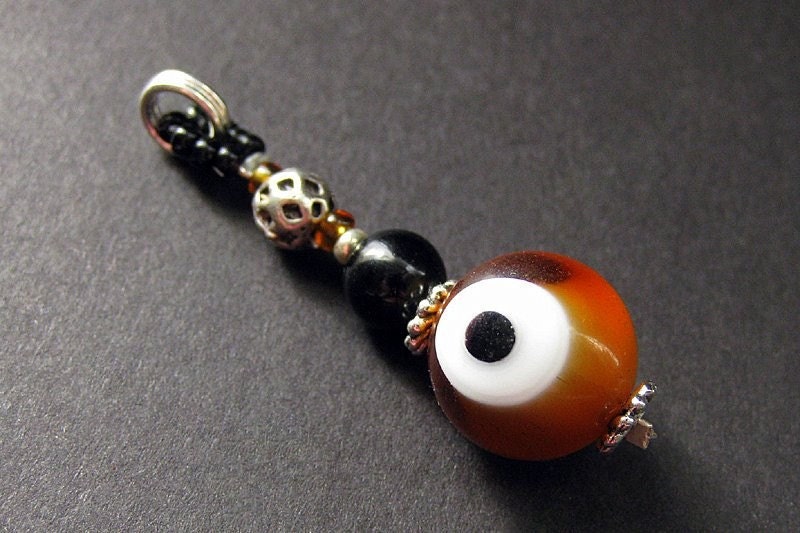 Beaded Eyeball Charm in Brown. Handmade Artisan Jewelry by Gilliauna