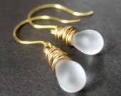 Frosted Glass, Teardrop Earrings, Gold Wire Wrapped. Handmade Artisan Jewelry by Gilliauna