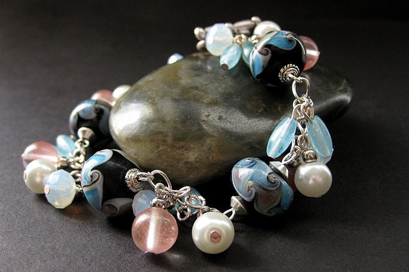 Lampwork Charm Bracelet in Baby Blue, Pink Cherry Quartz and Pearl. Handmade Artisan Jewelry.