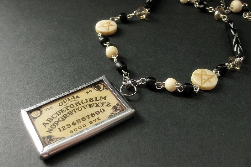 Celestial Ouija Board Necklace Beaded in Bone and Bronze with Reversible Pendant. Handmade Halloween Jewelry.