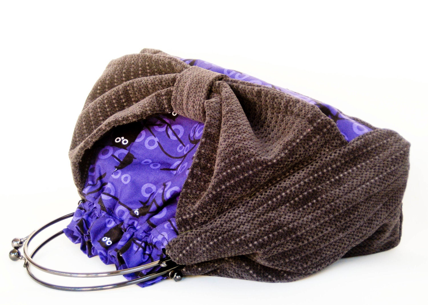 Woodland Owl Handbag- Black and Purple With Bow, Kiss Lock and Chain - Gothic