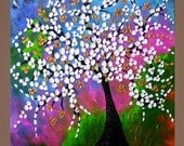 White Flower Tree Painting Textured Original Painting on Canvas 24x24 Pink, Blue, Green, Orange, Gold Sparkle
