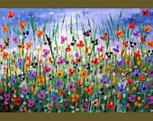 Poppy Flower Field Textured Original Painting on Canvas 36x24 Wall Art Painting, Made to Order