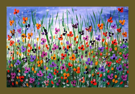 Poppy Flower Field Textured Original Painting on Canvas 36x24 Wall Art Painting, Made to Order