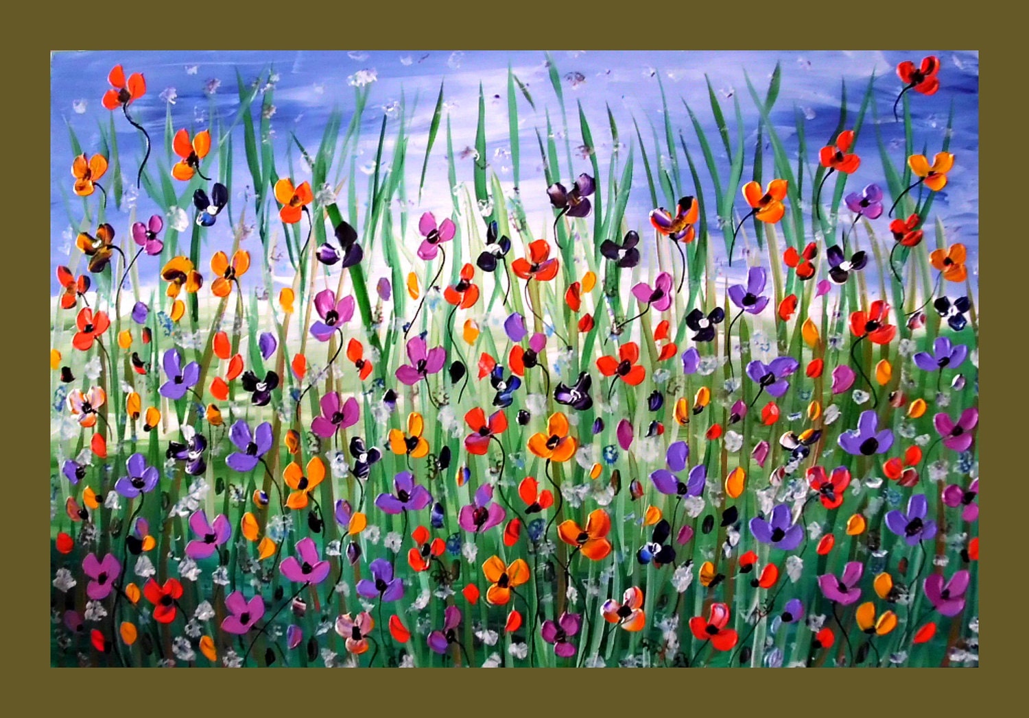 Poppy Flower Field Textured Original Painting on Canvas 36x24 Wall Art Painting, Made to Order