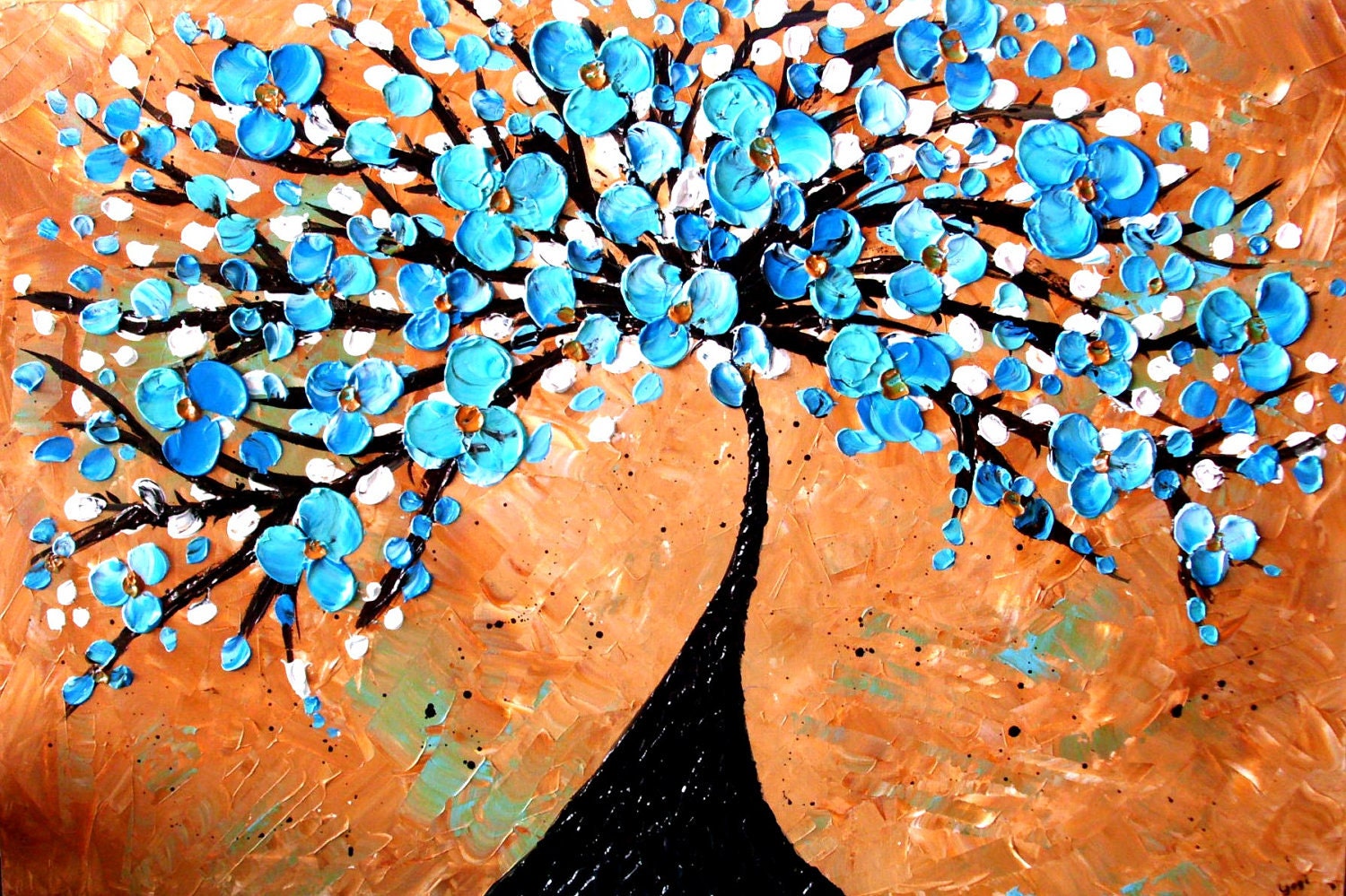On Sale Blue Tree Painting, Blue Flower Painting, Textured Tan and Blue Wall Art Painting on Canvas 36x24