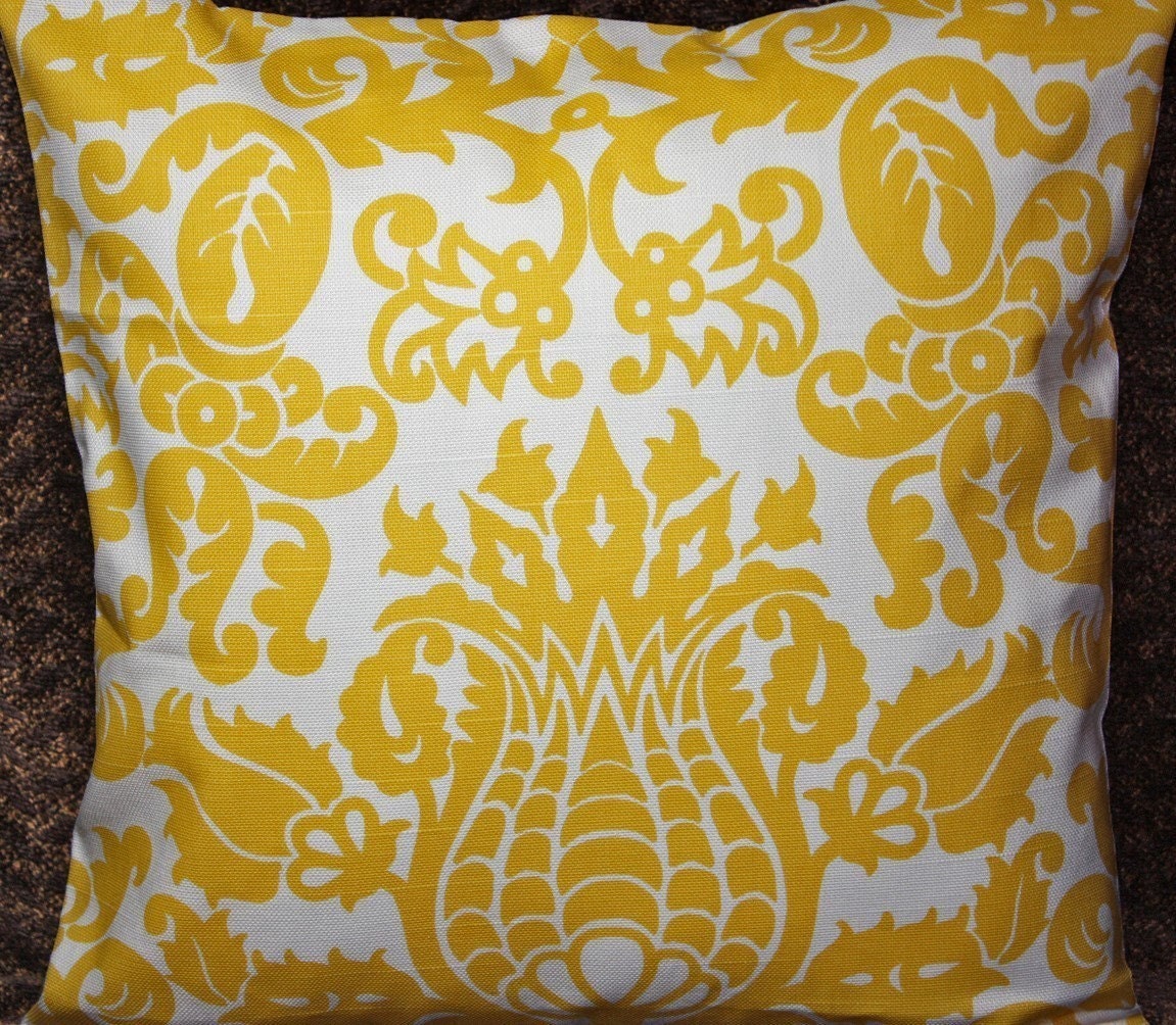 FREE U.S. SHIPPING - Set of Two 20x20 inch Designer Pillow Covers - Linen Appearance Corn Yellow on a White Background.