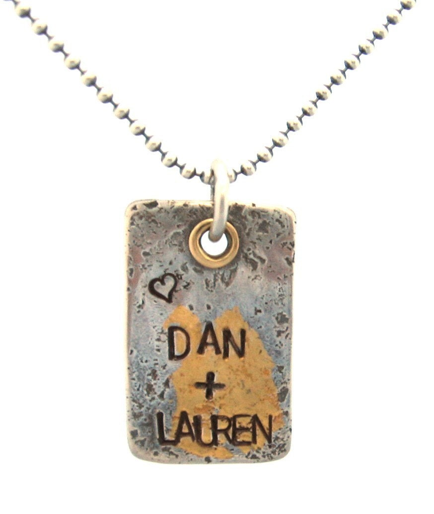 Sterling Silver Pendant with 24k Gold Plus Brass Rivet Custom Handmade Personalized Hand Stamped Unique Oxidized Artisan Organic Texture