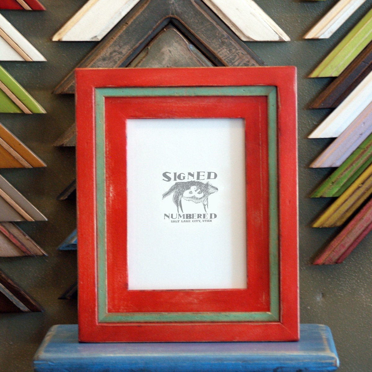 5x7 Picture Frame in Cooper Build Up Style with Vintage Red Finish and Vintage Robin's Egg Accent Strip